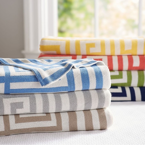 New Pottery Barn Greek Key Oversized Cotton Throw, 55X80” Marigold Yellow - Picture 2 of 11